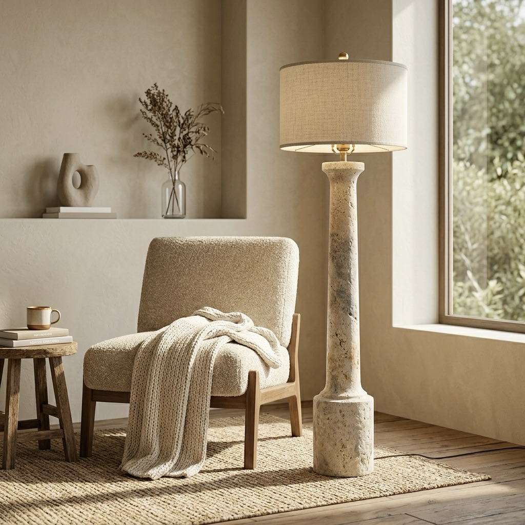 Travertine-Look Column Table Lamp