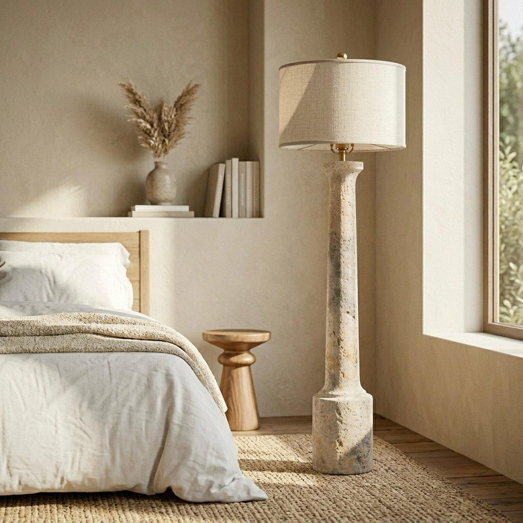 Travertine-Look Column Table Lamp