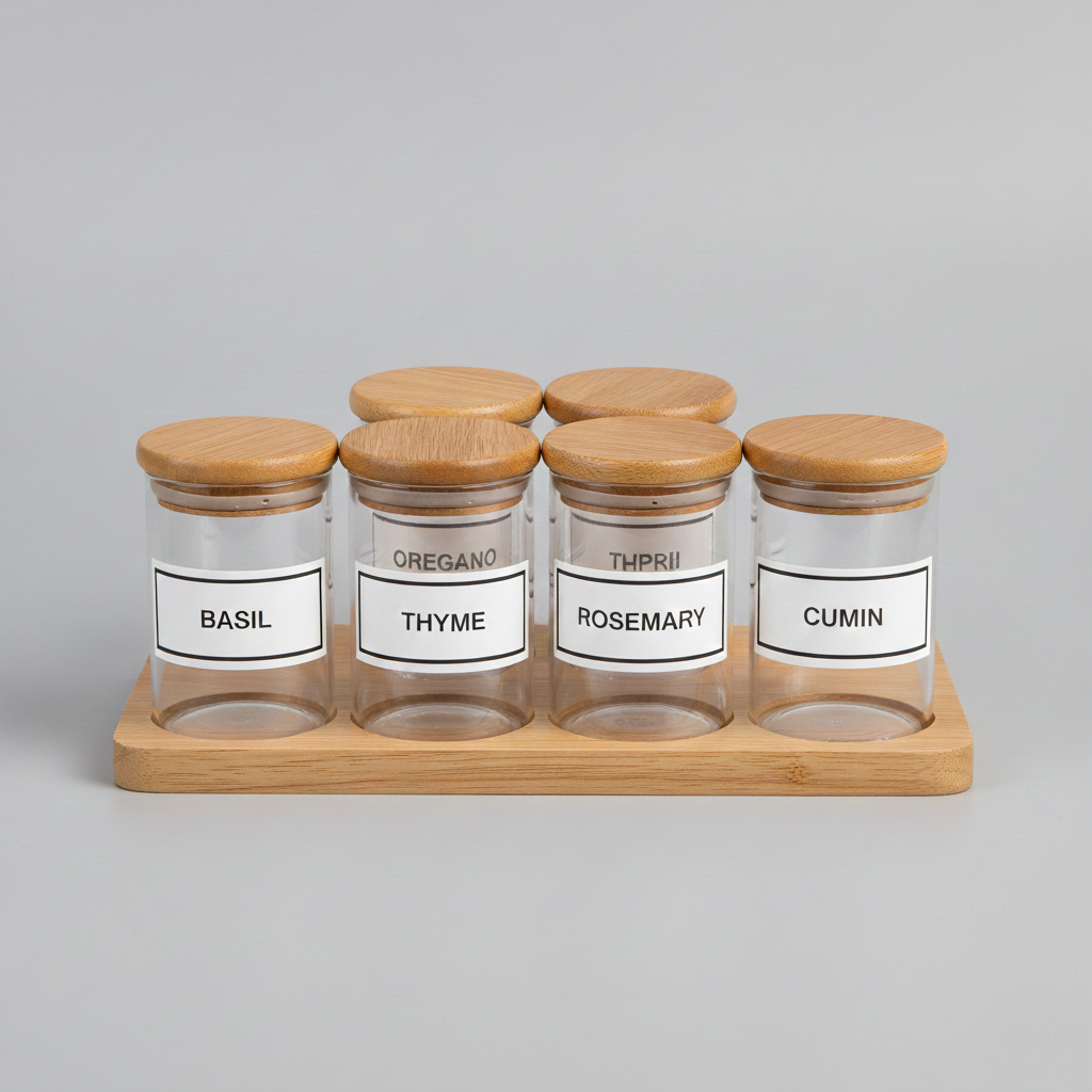 Glass Spice Jar Set with Bamboo Lids & Tray