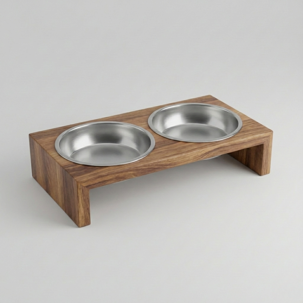 Elevated Wooden Double Pet Feeder with Stainless Bowls