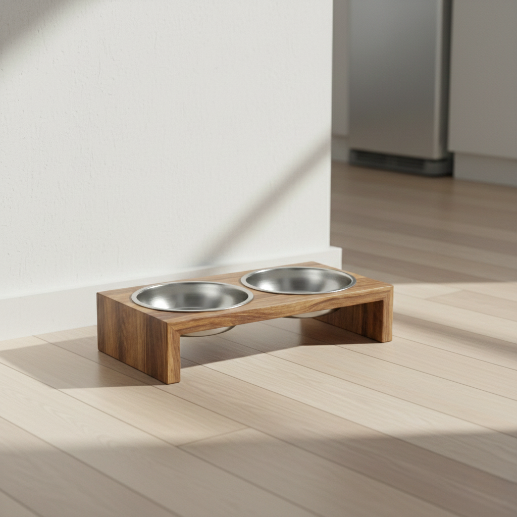 Elevated Wooden Double Pet Feeder with Stainless Bowls